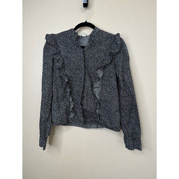 H&M Women's Black Floral Blouse‎ size 8 long sleeve ruffle button down floral - Picture 2 of 6